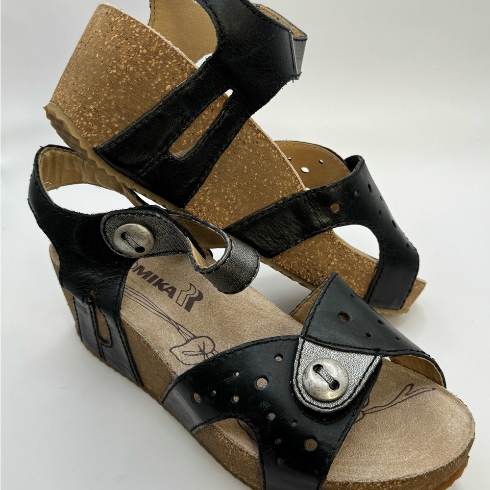 Romika Black Leather Open Toe Ankle Strap Wedge Sandals Womens size 6.5 (EU 37)